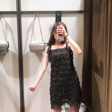 New ZARA Black SEQUINNED FRINGED DRESS Min iAdjustable Straps Size S  O1391