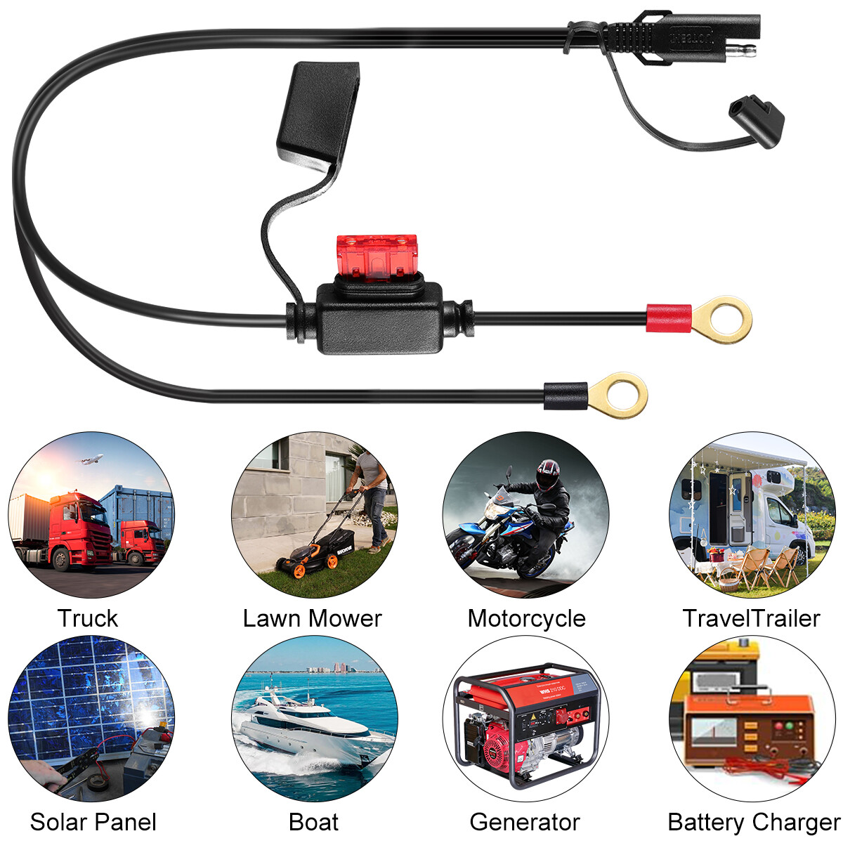 12V Battery Charger Cable With SAE Connector & Ring Terminals – 1.25A Portable Harness Extension