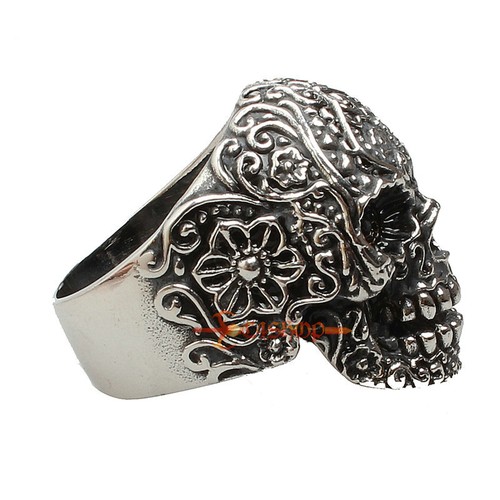 Men's Black Silver Stainless Steel Gothic Flower Tribal Sugar Skull Biker Ring - Picture 4 of 6