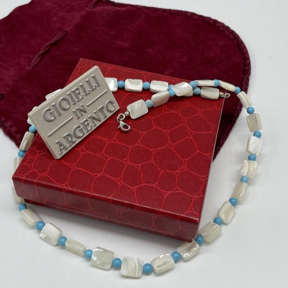 Collana donna vintage elegante blocchi in madreperla perle turchese argento 925. - Immagine 4 di 4