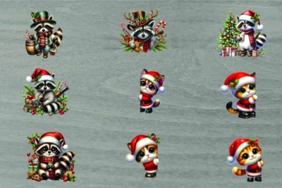9x gemischte Weihnachtskatze-Waschbär-Vinyl Aufkleber-Decal-Tumbler-Wein Party Deko-Becher