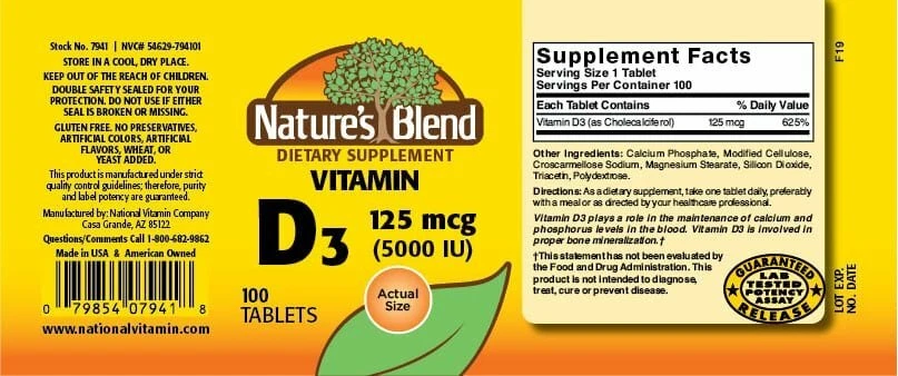 Nature's Blend Vitamina D3 5000 UI Suplemento Dietético Comprimidos 125 mcg 100 Unidades Foto 3 de 3