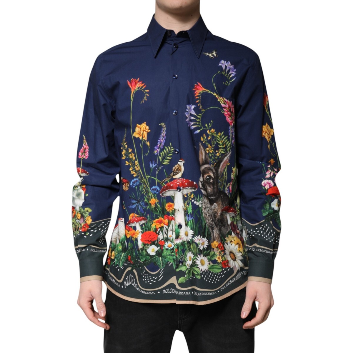 DOLCE & GABBANA Shirt Blue Rabbit Print Shirt Long Sleeve 40