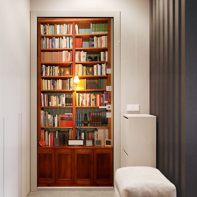 3D Retro Bookcase Peel and Stick Door Sticker Wallpaper Murals or Home Decor