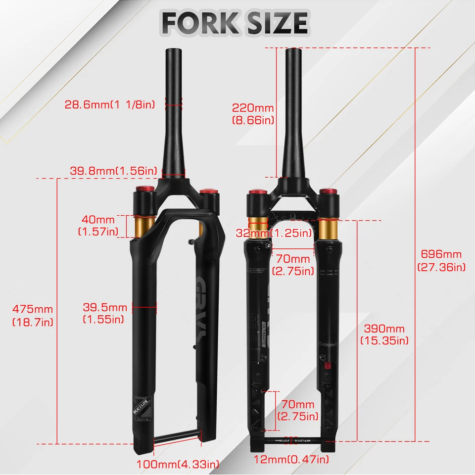 700C Road Gravel Bike Air Suspension Fork Thru Axle 45mm Offset 1-1/8" Tapered - Image 2 of 4
