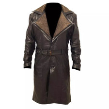 Men's German Belted WW2 Blade Runner Fur Brown Leather Trench Long Coat Jacket