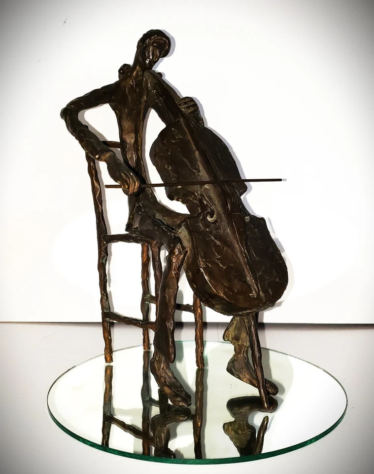 Винтажный MCM подпись Альфонс Берн (b. 1942) Литая бронзовая виолончелистская скульптура 1970 искусство - Изображение 2 из 4