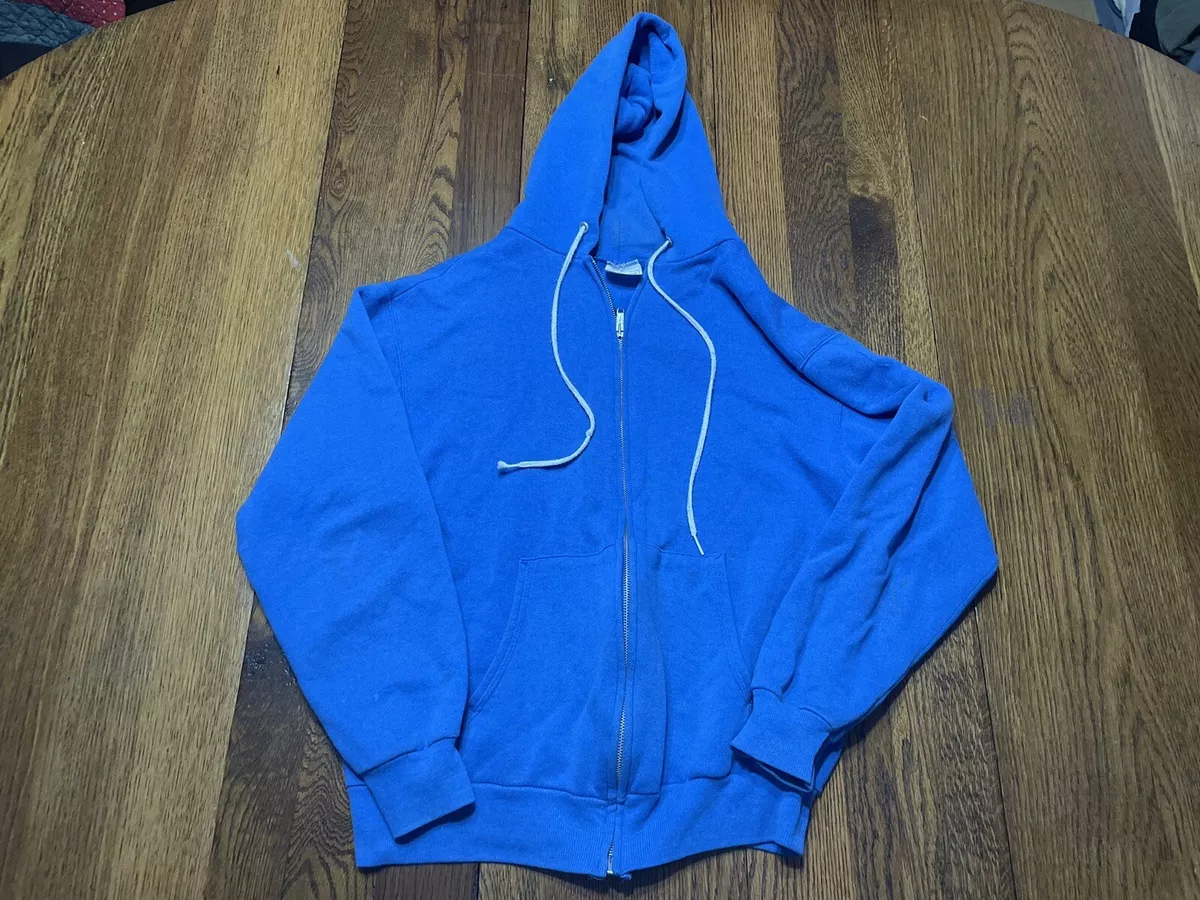 Vintage 80s Zip Up Hooded Blank Sweatshirt Blue Hoodie USA Men s