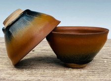 5"Old Song Dynasty jian Kiln glaze Porcelain ancient Tea cup Bowl Bowls Pair