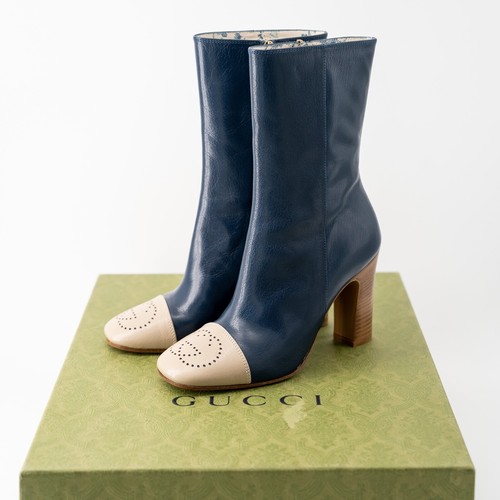 talla 36G - Botas Gucci Cuero Tacón Azul Avena Ágata GG Logo Azul Marino - Imagen 11 de 11