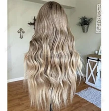 26Inch Ombre Light Brown Blonde With Bangs Wave Lace Front Human Hair Wig