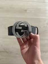 Gucci Black GG Leather Belt - Silver Interlocking G Buckle