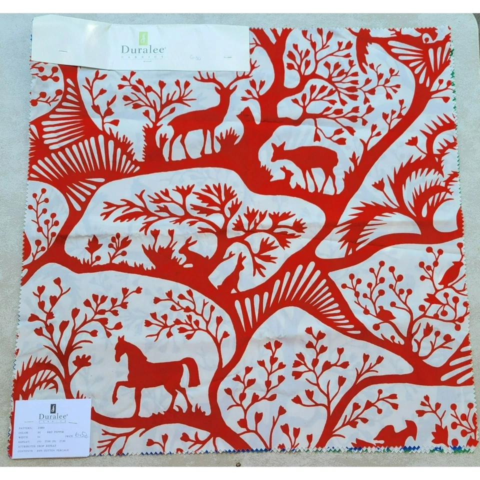 Duralee Fabric Samples 4pc 25"x25" Birds Horses Deer Trees Red Black Green Blue - Image 3 of 4