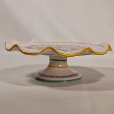 Deruta Italy Ceramic Cake Stand Pedestal Plate Hand Painted Floral Scalloped