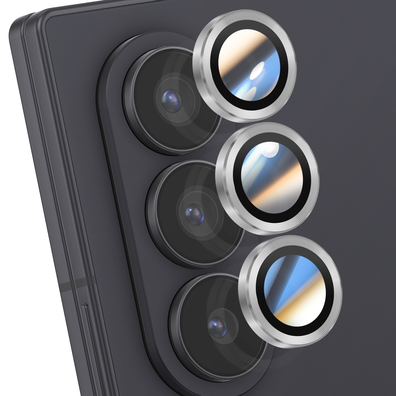 Protège-objectif Galaxy Z Fold 7 en verre trempé 9H et métal argent anti-empreintes