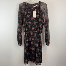 Mango MNG Floral Chiffon Mini Dress Black Pink Rose Long Sleeve Size 8 NEW