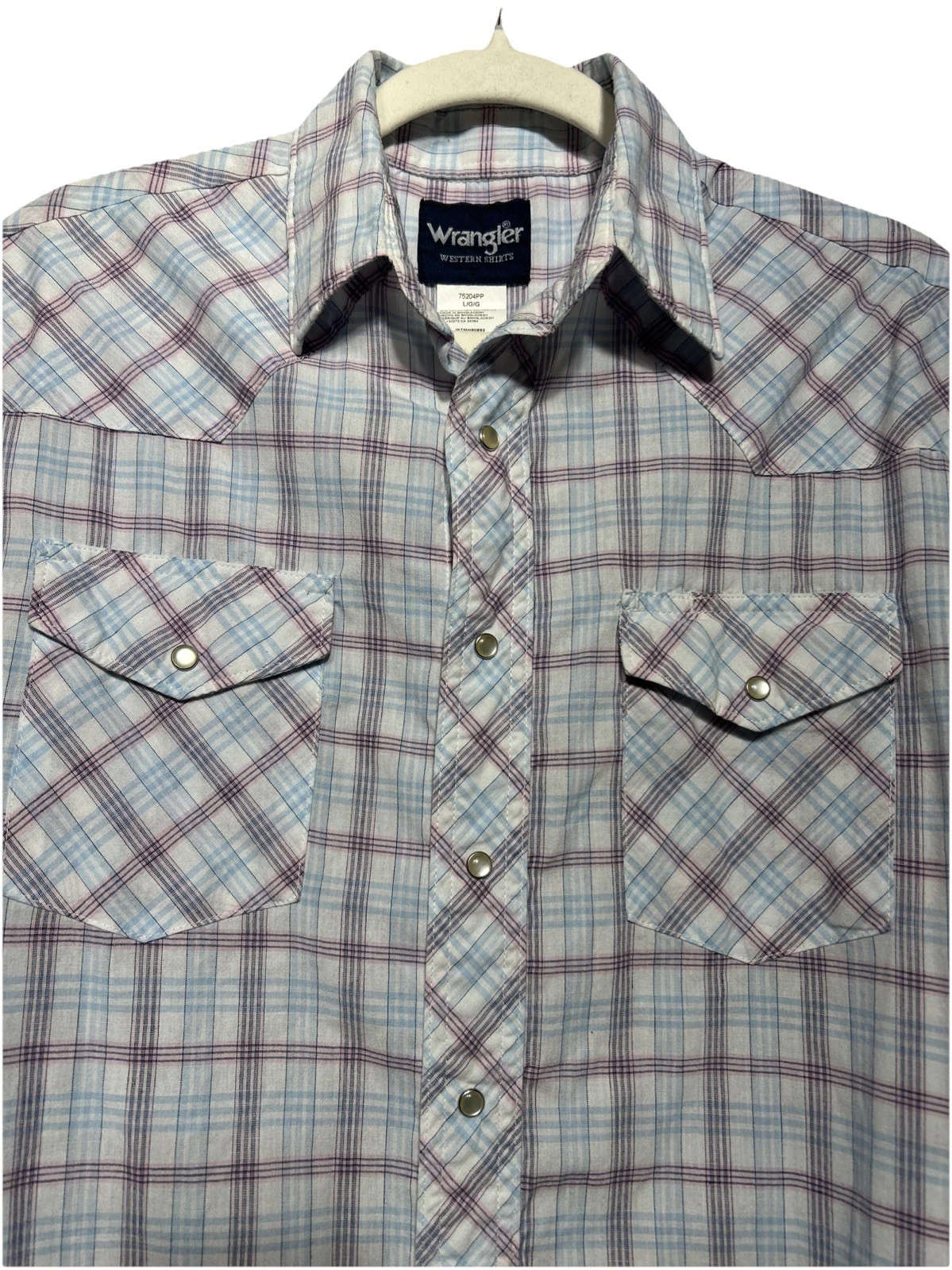 Wrangler Western Shirt Pearl Snaps Long Sleeve White Blue Pink Plaid Size Large