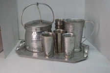 Vintage Hammered Aluminum Drink Set Pitcher Cups Tray Ice Bucket Tongs