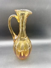 Vintage Empoli Style Art Glass Ewer Pitcher Applied Handle Handblown Ribbed Gold