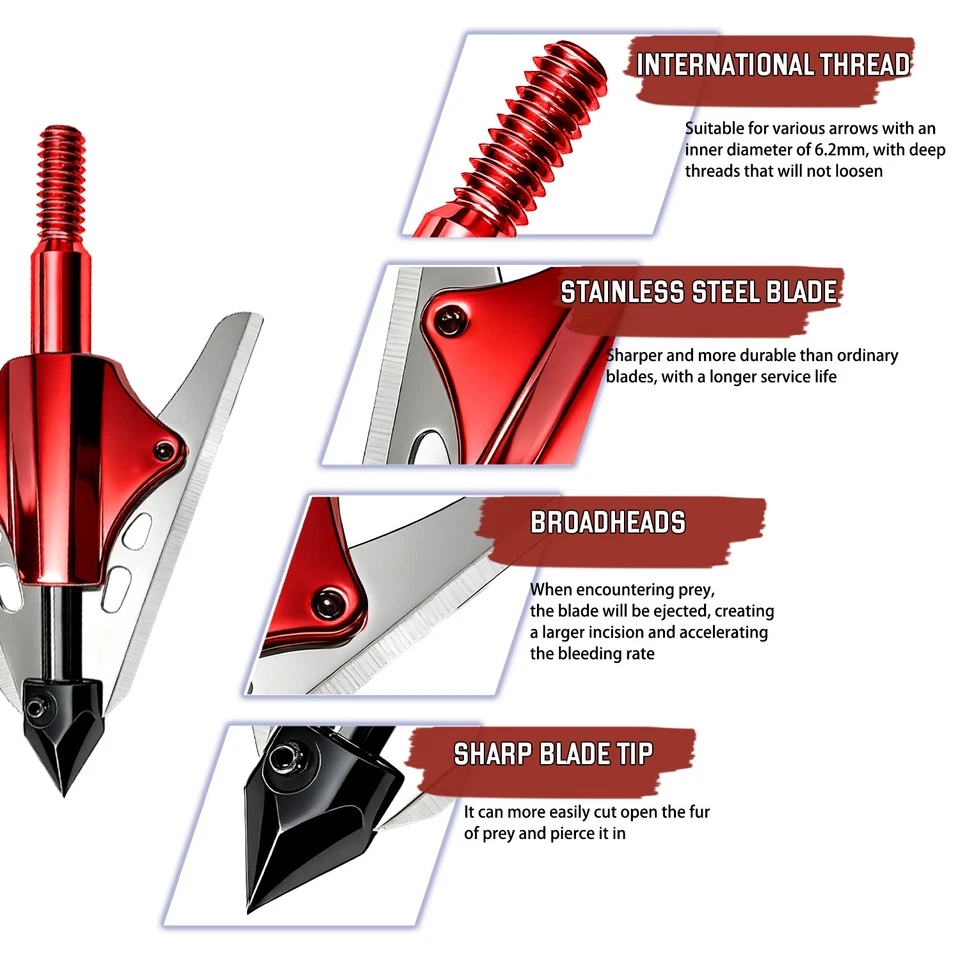 12Pcs BloodRunner Hunting Broadheads 100Gr 2 Spring Slide Retractable Blade Tip - Image 3 of 4