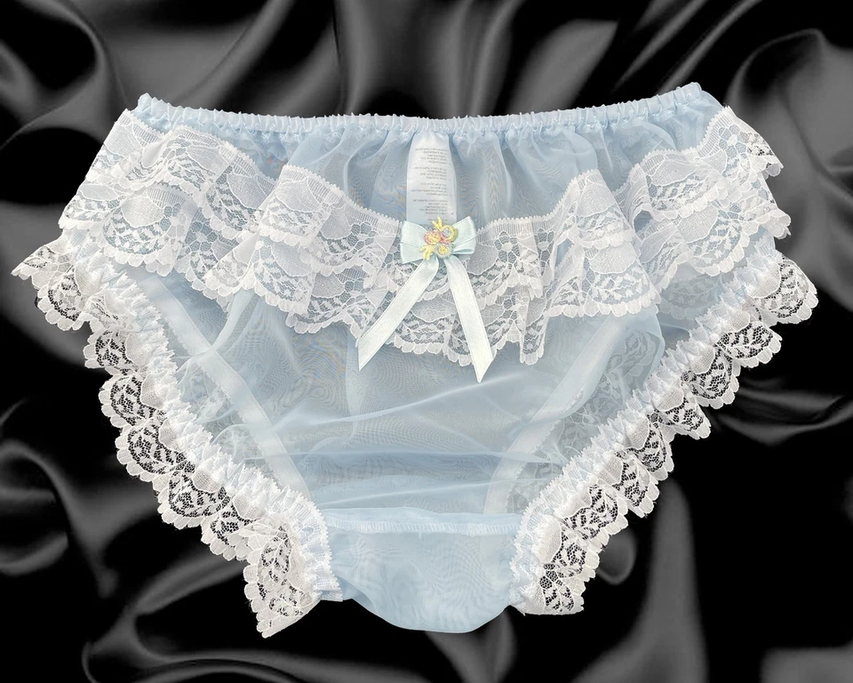 Baby Blue Frilly Sissy Sheer Soft Nylon Satin Bow Panties Knickers Size 10-20 - Image 1 of 1