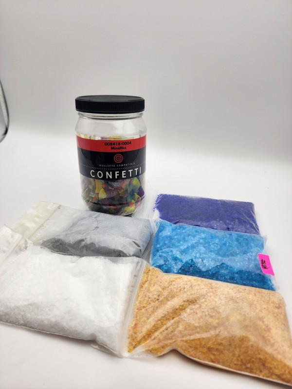 Open Bullseye Confetti Mini Mix jar and bags of frit- 90 Coe