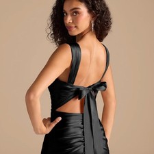 Azazie Jesaphine Black Sheath Bow Metallic Satin Dress 10 NWT