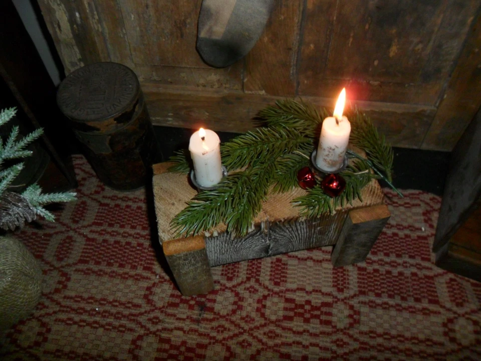 Primitive Old Chopping Block, Rustic Candle Light w/ Christmas Greens & Bells - Image 2 of 4