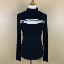 Bebe Top Womens XL Black Mock Neck Slit Front Logo Stretch Long Sleeve Y2K Style