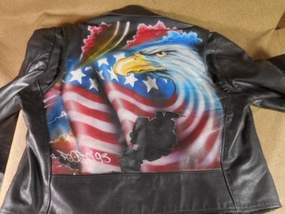 Excelled Custom Back Painted Eagle Black Leather Motorcycle Jacket L Made in USA