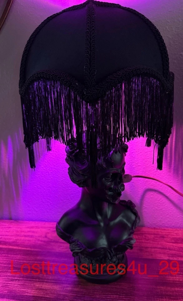 Gótico Halloween Negro Esqueleto Busto Niña Lámpara Flecos Pantalla Espeluznante Mesa Nuevo Foto 3 de 4