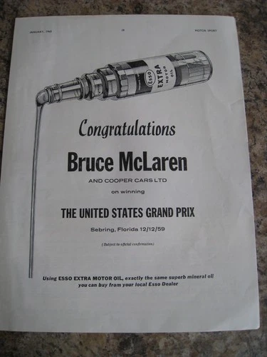 CONGRATULATIONS BRUCE MCLAREN AND COOPER CARS LTD USA GP 1960 ADVERT FILE 62