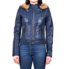 Women's Detachable Hoodie Biker High End Nappa Leather Jacket Blue Dr261