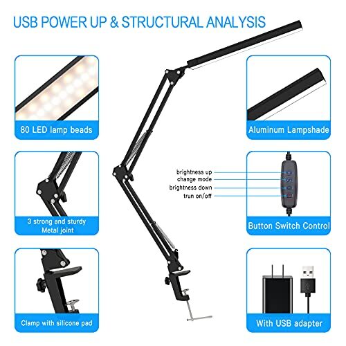 LED Desk Lamp, Swing Arm Desk Light with Clamp, 3 Lighting 10 Clip-Black - Picture 7 of 7
