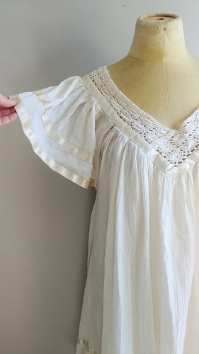 Medium Vintage Cotton Gauze Cream Dress, Boho Hippie Summer Flutter Sleeves Trap - Picture 5 of 8