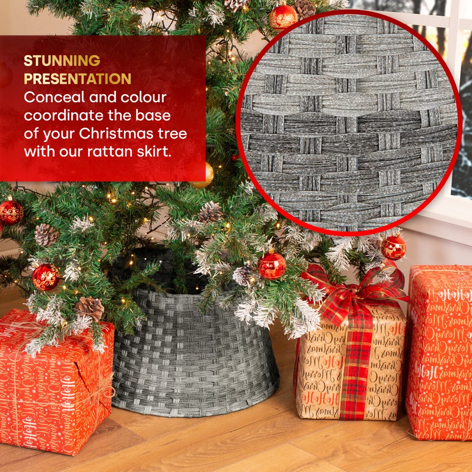 Christmas Village Rattan Tree Skirt Round Wicker Stand Base Basket Cover Decor - Image 3 of 4