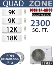 Quad Zone Ductless Mini Split Air Conditioner Hyper Heat Pump: 9k+9k+12k+18k BTU