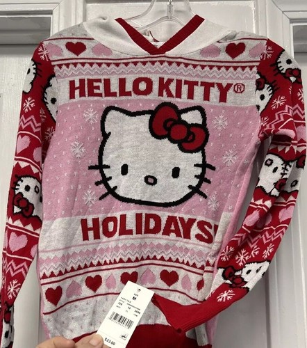 Hello Kitty Sanrio Sweater Hearts Fair Isle Cat Ear Hood Girls Medium New NWT - Picture 6 of 11