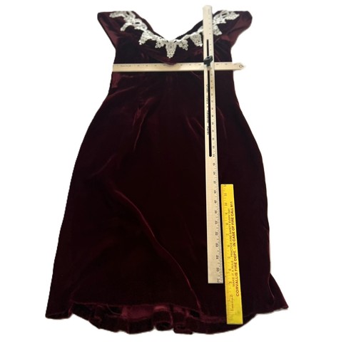 Vestido de cóctel de terciopelo borgoña/rojo hecho a mano para mujer con cuello en V con encaje talla pequeña - Imagen 8 de 8