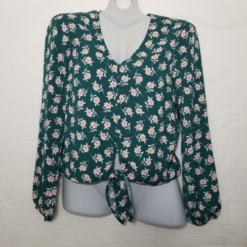 Ash & Violet Women S Long Sleeve Floral Green Button Up Tie Crop Blouse Top