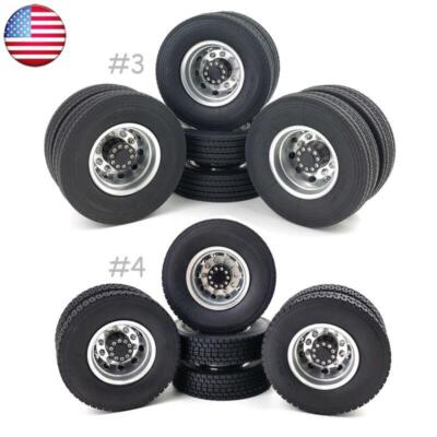 4X CNC Metal Alloy Front/Rear Wheel Hub Rim & Tires For 1/14 Tamiya RC Truck Car