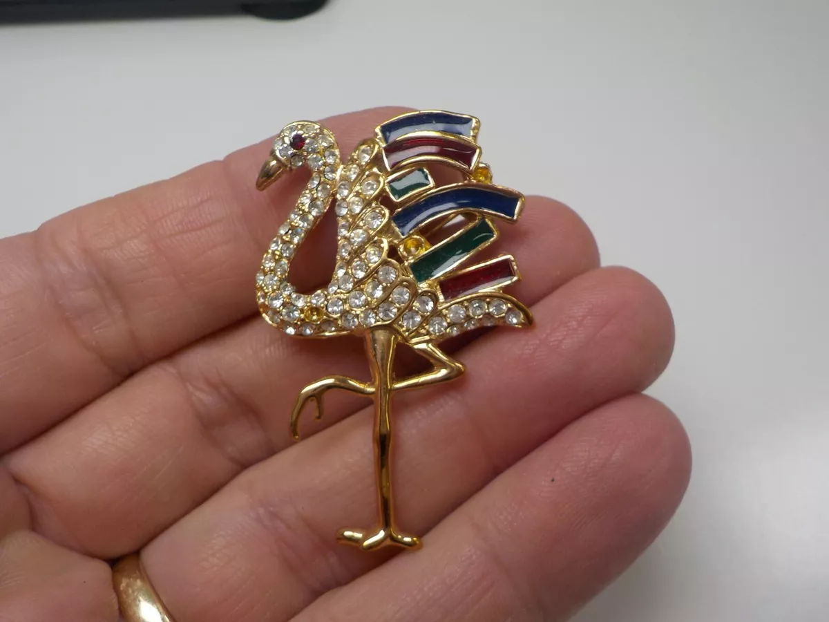 Roman Vtg Crystal Enamel FLAMINGO BROOCH Estate Jewelry