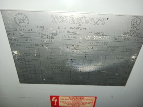 WESTINGHOUSE 30 KVA 3 PHASE TRANSFORMER 480 HV 208Y/120 LV V48M28T30J - Picture 2 of 8