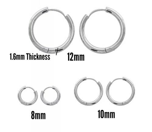 Pair of Small Thin Hoop Hinged Earring High Polished Stainless Steel Men Women - Picture 4 of 10