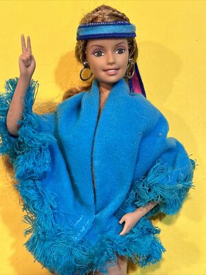Vintage Barbie Hippie Blue Poncho w Headband Rare Mattel ~ 2 Pc