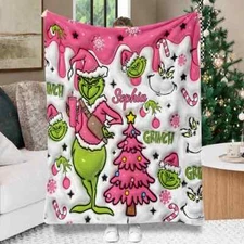 Custom Name Christmas Blanket, Personalize 3D Pink Grinch Blanket, Gift