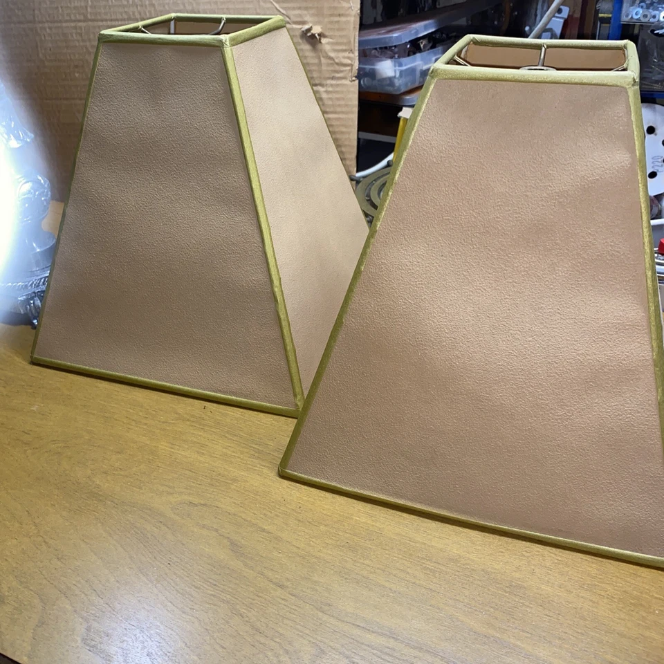 LAMPSHADES PAIR Mission, 10.5”x10”x5” Textured Paper Light Olive Trim Bell - Image 2 of 4