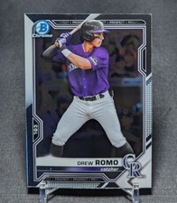 Drew Romo Chrome Prospect Rookie 2021 Bowman Card #BCP-126 Colorado Rockies. rookie card picture