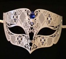 White Blue Men Laser Cut Diamond Design Masquerade Metal Mask