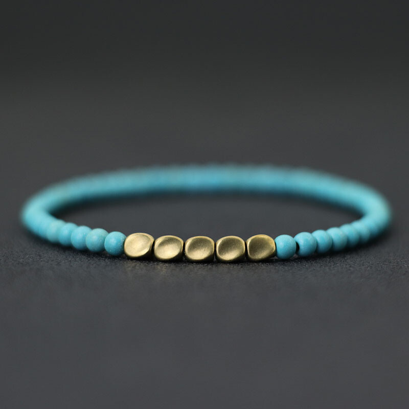 Bracelet Perles Howlite Turquoise 6mm | Fait Main Sur Mesure | Laiton Doré élastique